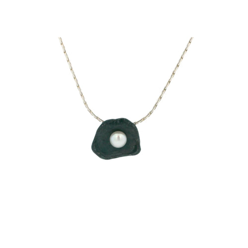 Oxidized Silver Petal Pendent with Pearl - (Small)