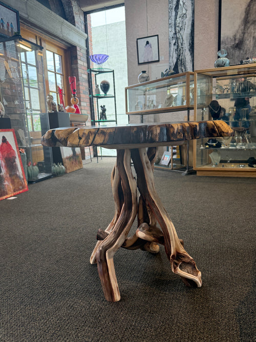 One-of-a-Kind Live Edge Mesquite End Table with Turquoise & Copper Inlay – Handmade in Arizona