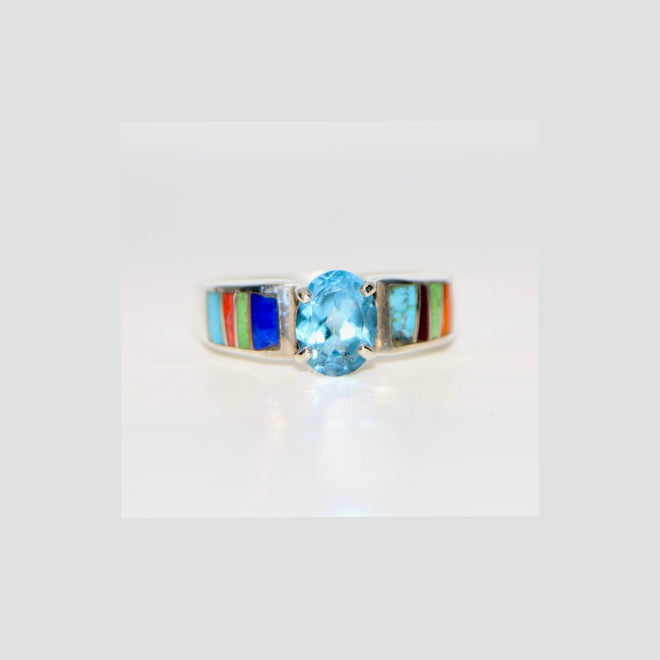 Indian Summer Blue Topaz Navajo Inlay Ring (Sterling Silver) — Custom White Gold