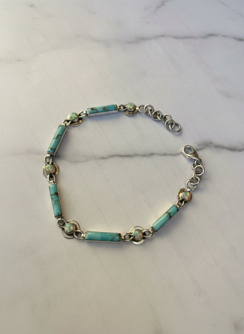 Turquoise & Opal Stone Inlaid Link Bracelet