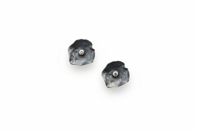 Oxidized Silver Petal Post Earrings with 4mm Cubic Zirconia