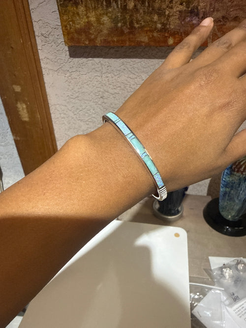 Opal & Amazonite Cuff Bracelet - Handmade Stone Inlaid - Native American Jewelry