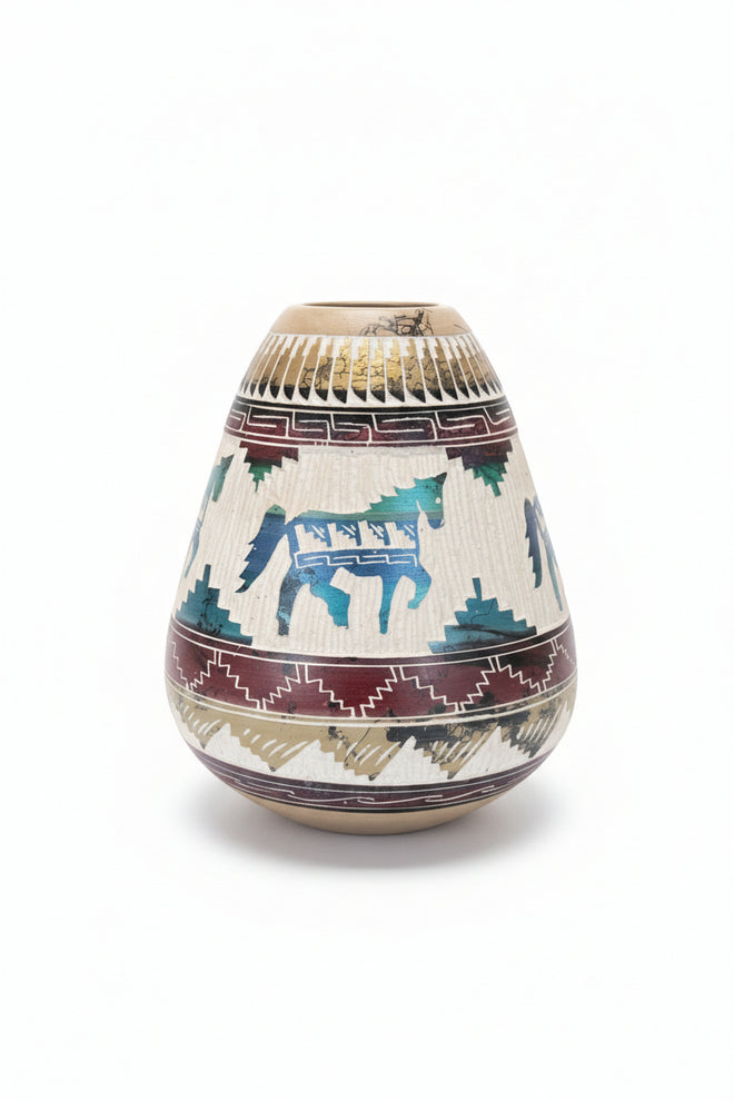 Navajo Carved Round Vase by Artist Marcus Nelson 6.5"H x 6.5"W
