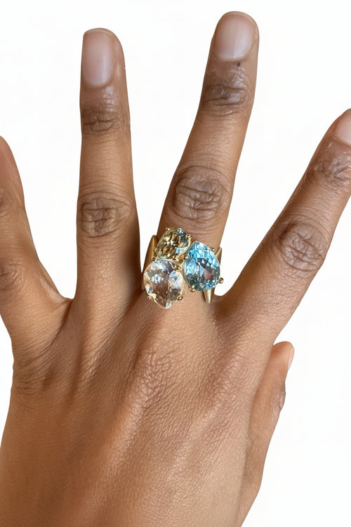 Green Amethyst, Blue Topaz & Rock Crystal Ring