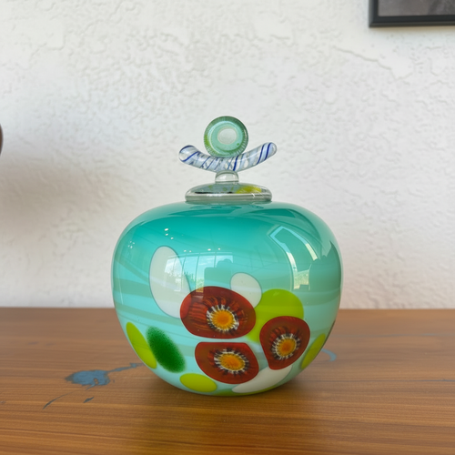 Turquoise Handblown Glass Lidded Vessel