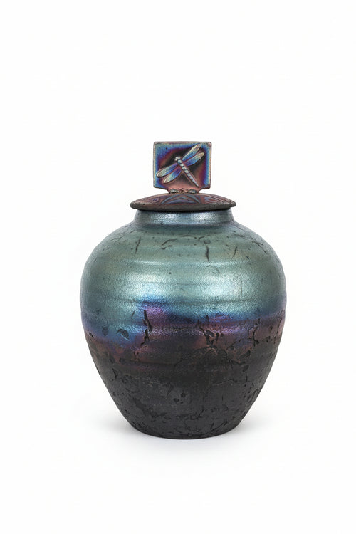 Raku Pot with Glass Dragonfly Lid