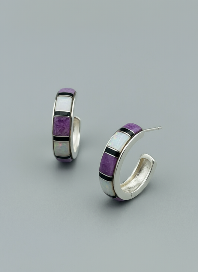 Sugilite, Black Jade, Opal & Mother of Pearl Half Moon Hoop Post Earrings