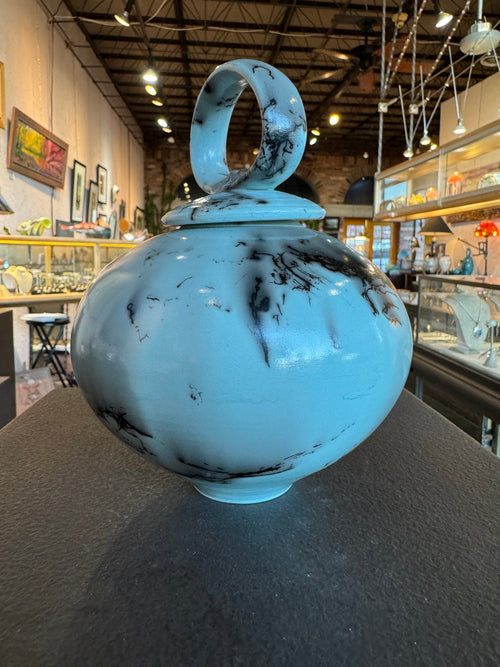 Horsehair Lidded Pot - Light Blue Color