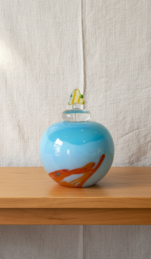 Light Blue Handblown Glass Lidded Vessel