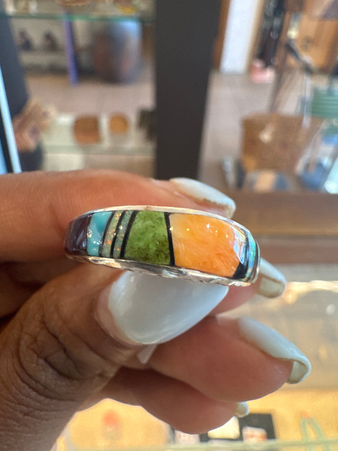 Spiny Oyster, Black Jade, Opal, Sugilite and Gaspetite Ring