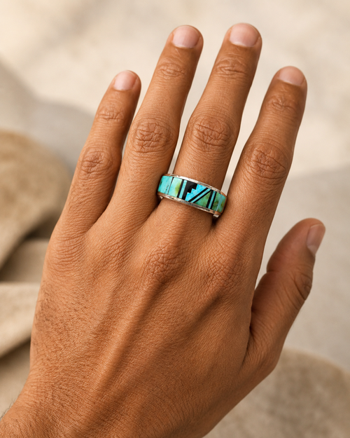 Sterling Silver Navajo Ring with Sonoran Turquoise and Black Jade