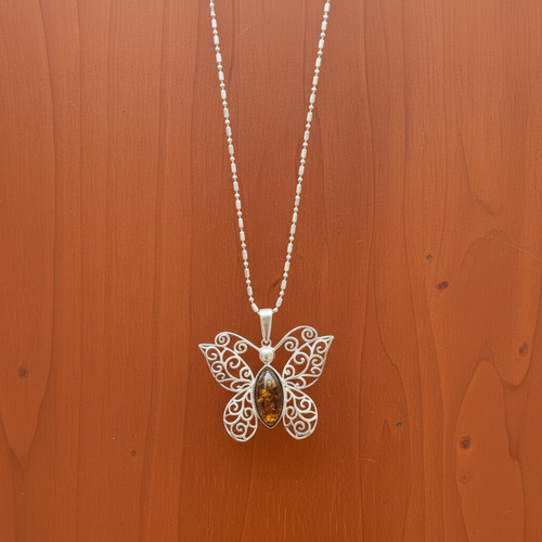 Sterling Silver Almond Amber Butterfly Necklace