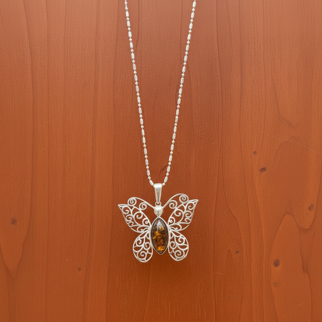 Sterling Silver Almond Amber Butterfly Necklace