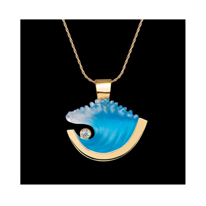 Small Glass Wave Pendent with Diamond 14KT Yellow Gold