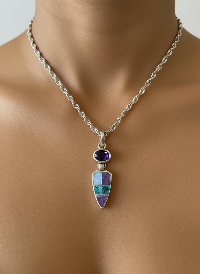 Amethyst - Turquoise, Opal & Sugilite Navajo Stone Inlaid Pendent