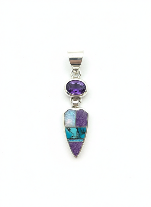 Amethyst - Turquoise, Opal & Sugilite Navajo Stone Inlaid Pendent