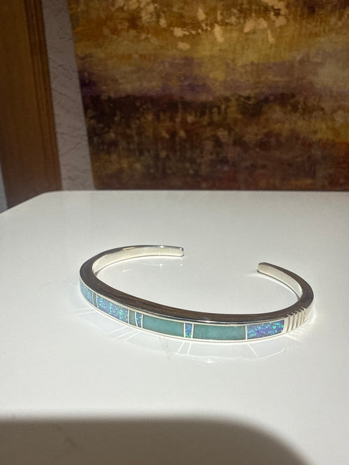 Opal & Amazonite Cuff Bracelet - Handmade Stone Inlaid - Native American Jewelry