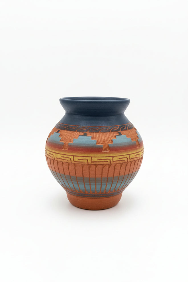 Navajo Carved Ceramic Vase by Valerie King 4.5"H x 4"W