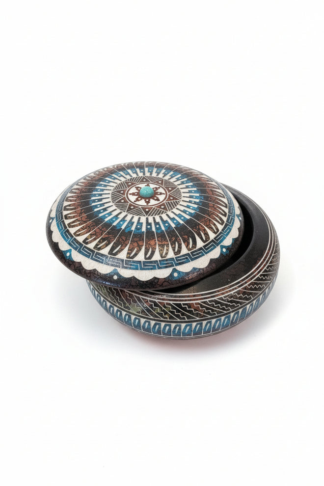 Navajo Carved Lidded Vassel by Artist Myron Charley 3"H x 5"W