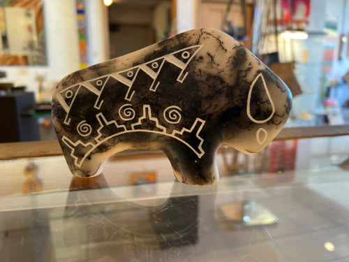 Gary Yellowcorn Horsehair Pottery – Gray and Black Buffalo Statue