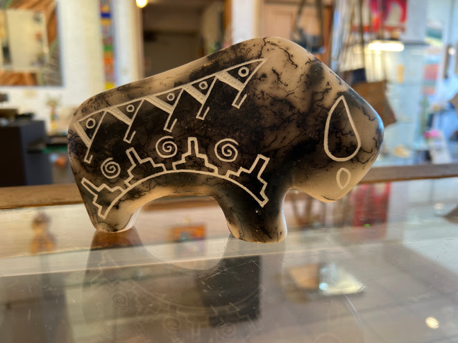 Gary Yellowcorn Horsehair Pottery – Gray and Black Buffalo Statue