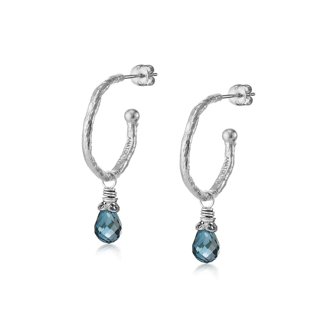 Hammered Silver Hoops with London Blue Topaz Briolettes