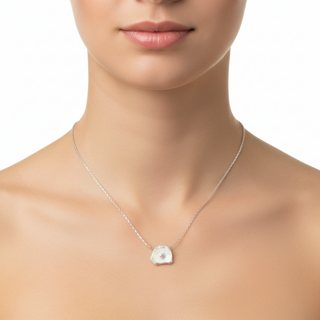 Silver Petal Pendent with CZ - (Small)