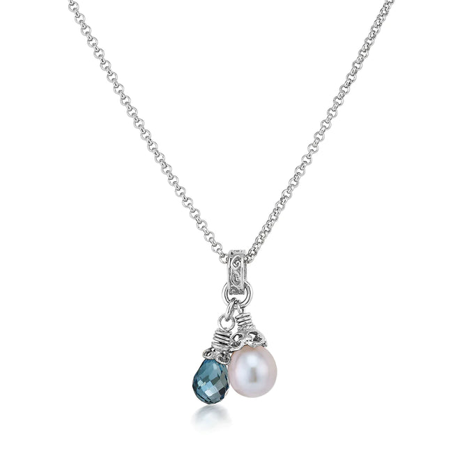 London Blue Topaz and Gray Pearl Drop Necklace in Silver