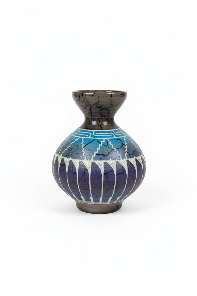 Navajo Carved Round Vase by Artist Dennison Billy 4"H x 3.5"W