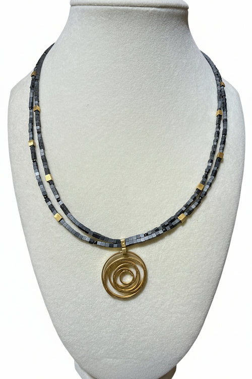 2 Strand Grey Hematite Beaded Necklace with Golden Pendent