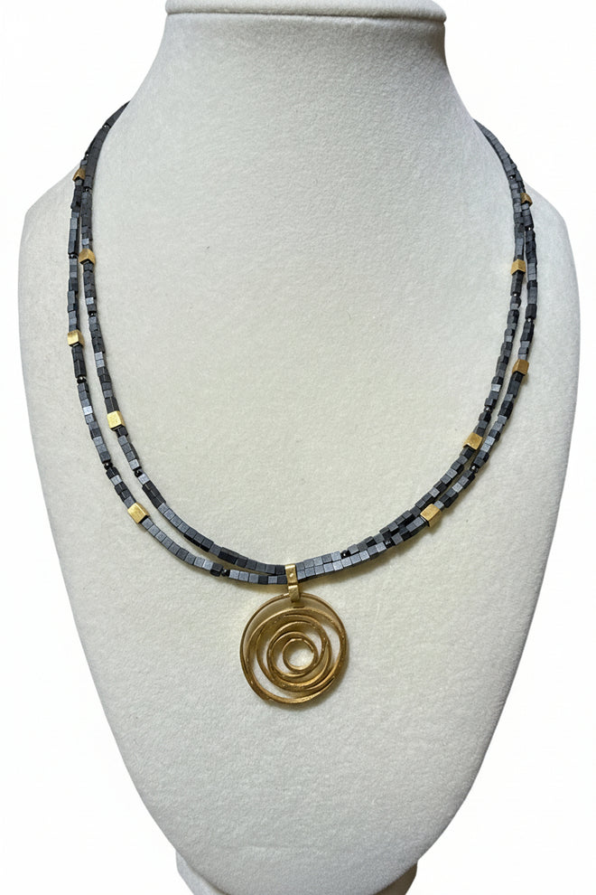 2 Strand Grey Hematite Beaded Necklace with Golden Pendent