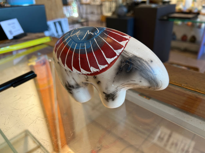 Larry Livingston Horsehair Pottery –Red and Blue Colored Bear Statue