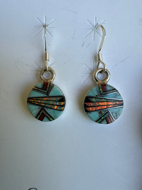 Turquoise, Spiny Oyster, Opal & Black Jade Round Drop Dangle Earrings