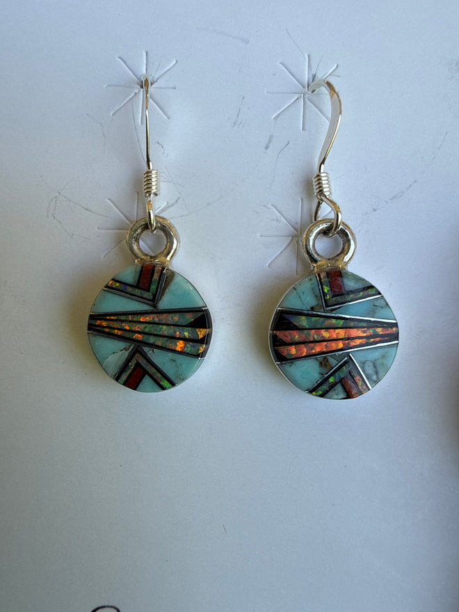 Turquoise, Spiny Oyster, Opal & Black Jade Round Drop Dangle Earrings