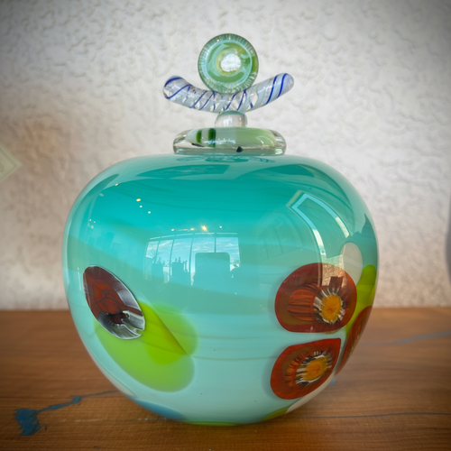 Turquoise Handblown Glass Lidded Vessel