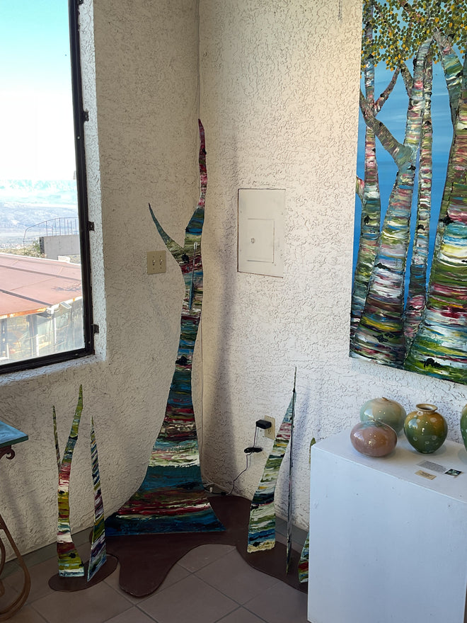 Large metal tree. Oil on metal. 6’4x3’2x2’9