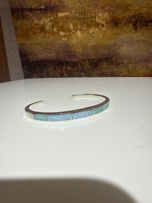 Opal & Amazonite Cuff Bracelet - Handmade Stone Inlaid - Native American Jewelry