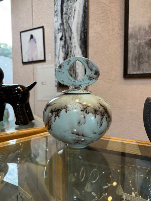 Turquoise Blue Horsehair Pottery Vessel with Lid