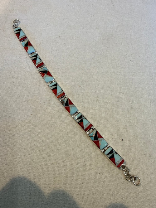 Turquoise, Spiny Oyster, Black Jade & Opal Stone Inlaid Rectangular Link Bracelet