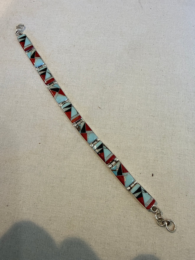 Turquoise, Spiny Oyster, Black Jade & Opal Stone Inlaid Rectangular Link Bracelet