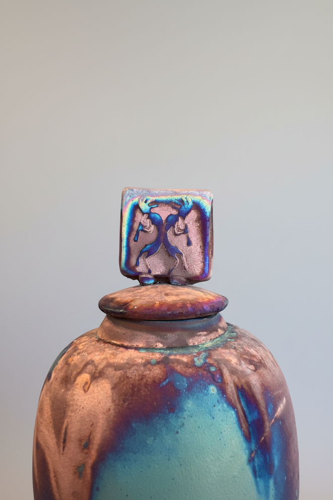 Raku Ceramic Pot with Kokopelli Lid