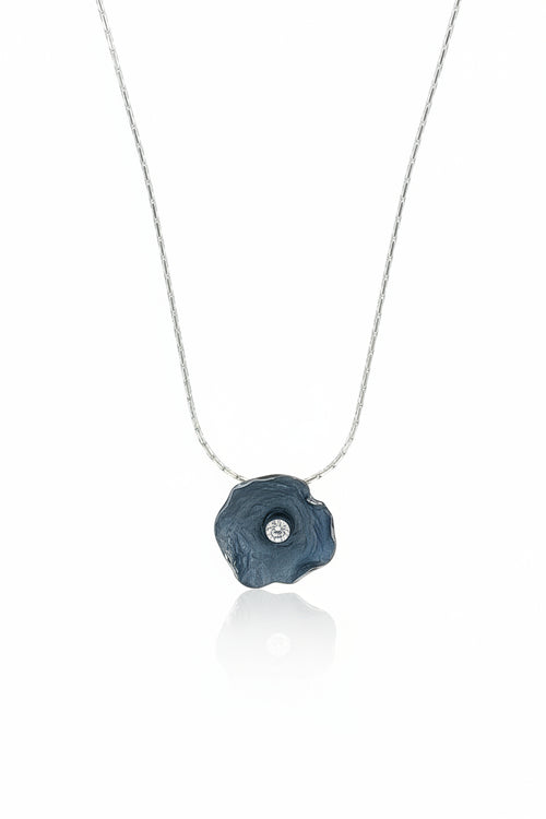 Oxidized Sterling Silver Petal Pendent with Cubic Zirconia