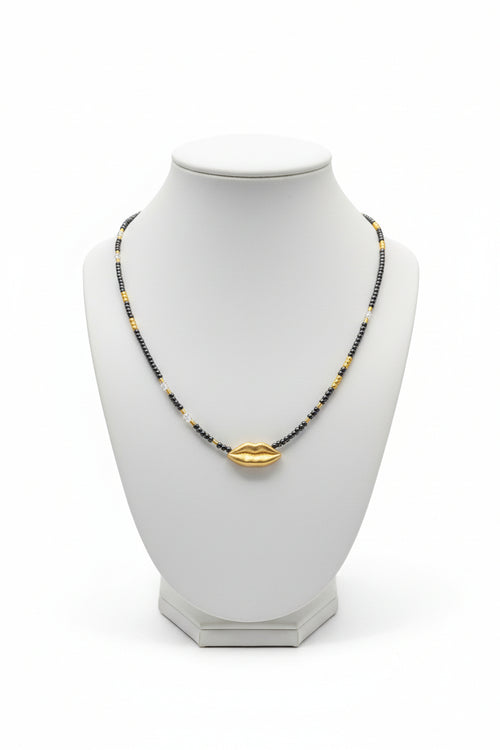 Grey Hematite Beaded Necklace with Lips Pendent