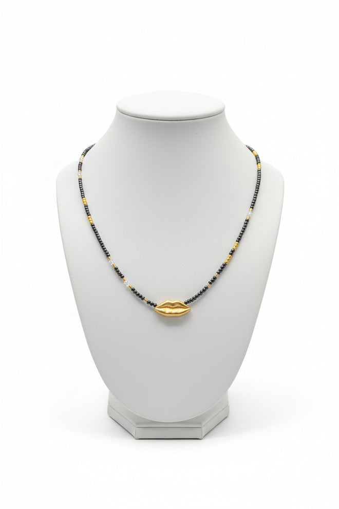 Grey Hematite Beaded Necklace with Lips Pendent