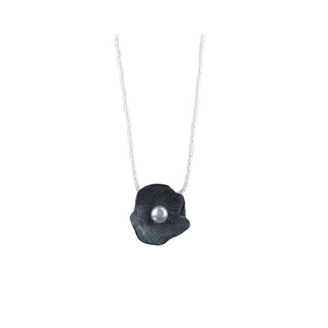 Black Petal Pendent with Pearl - Oxidized Sterling Silver (Medium)