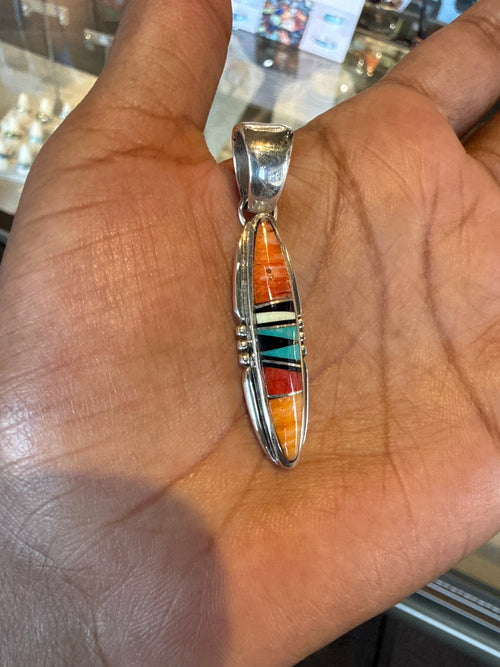 Navajo Spiny Oyster & Turquoise Inlay Pendant – Sterling Silver