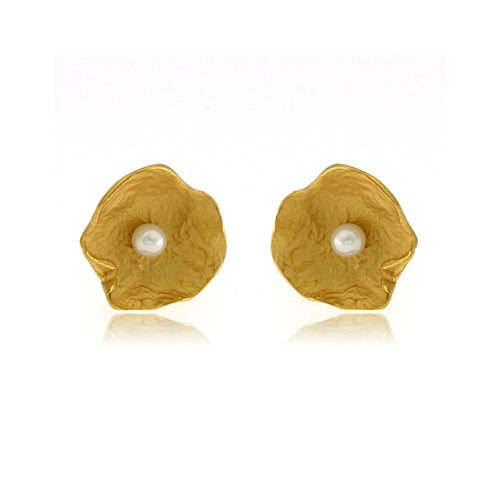 Gold Petal Earrings with Pearl - (Large)