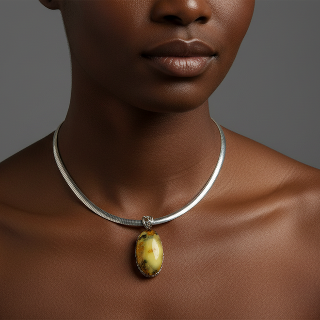 Flower Detailed Sterling Silver Amber Necklace