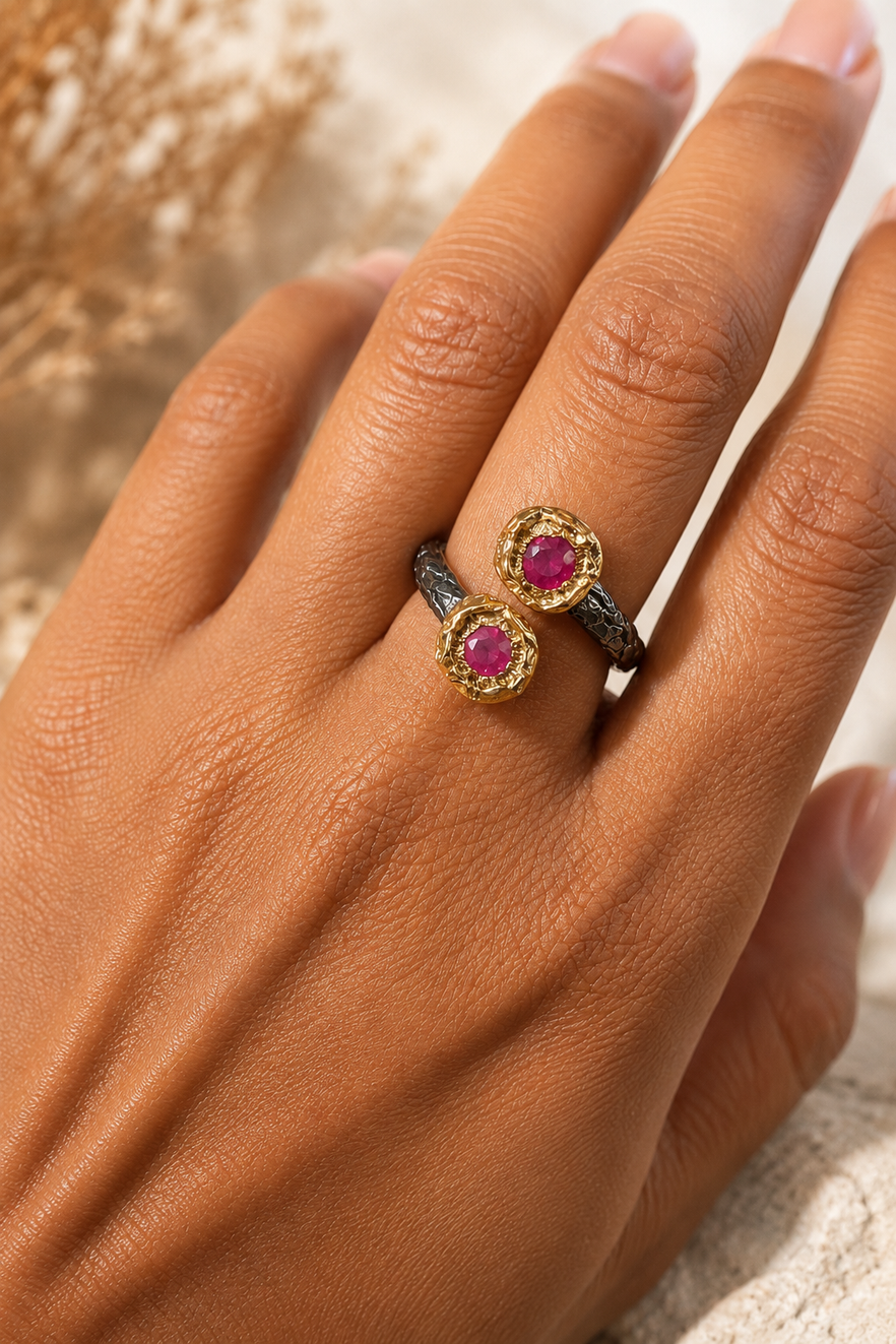 Adjustable two stone ruby ring