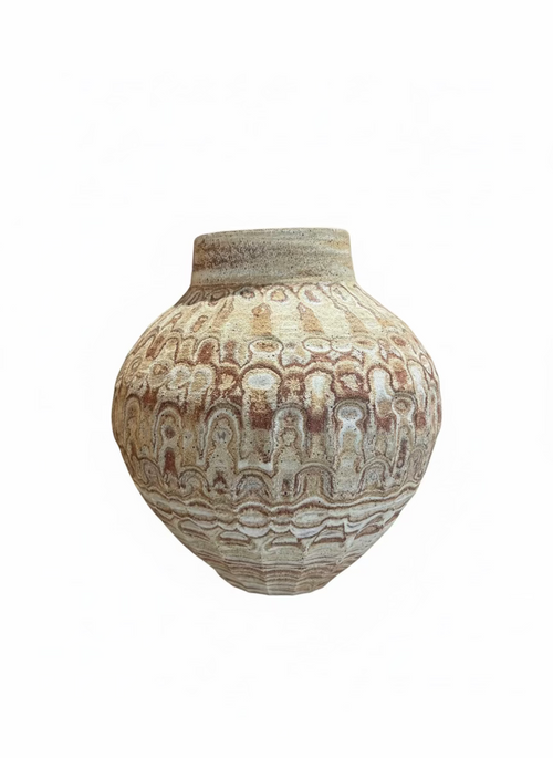 Handmade Agateware Carved Ceramic Pot by Sari Green